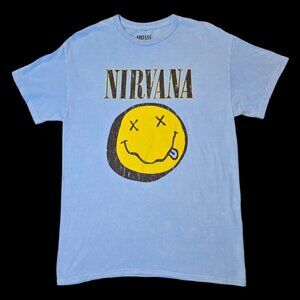 Nirvana Light Blue Acid Wash Smiley Graphic Band Tee